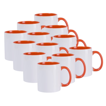 Kit 12 Canecas de Ceramica Branca Para Sublimacao Com Interior/Alca Laranja de 325ml