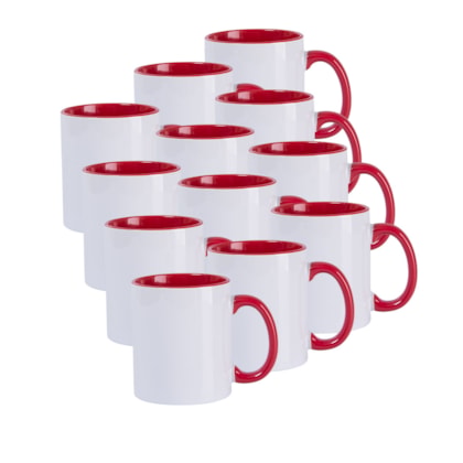 Kit 12 Canecas de Cerâmica Branca Para Sublimação Com Interior/Alca Vermelho de 325ml