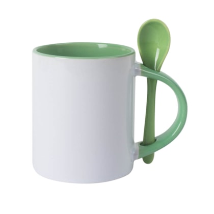 Kit 12 Canecas Para Sublimcao de Ceramica Branca Com Colher E Interior Verde Medio 325ml