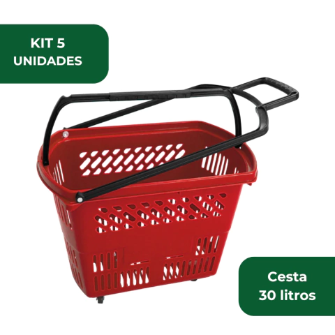 Kit 5Un Cesta de Compras Carrinho Cestinha de Supermercado 30L com Rodas Rodinhas