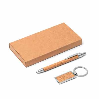 Kit Caneta e Chaveiro em Cortica e Metal