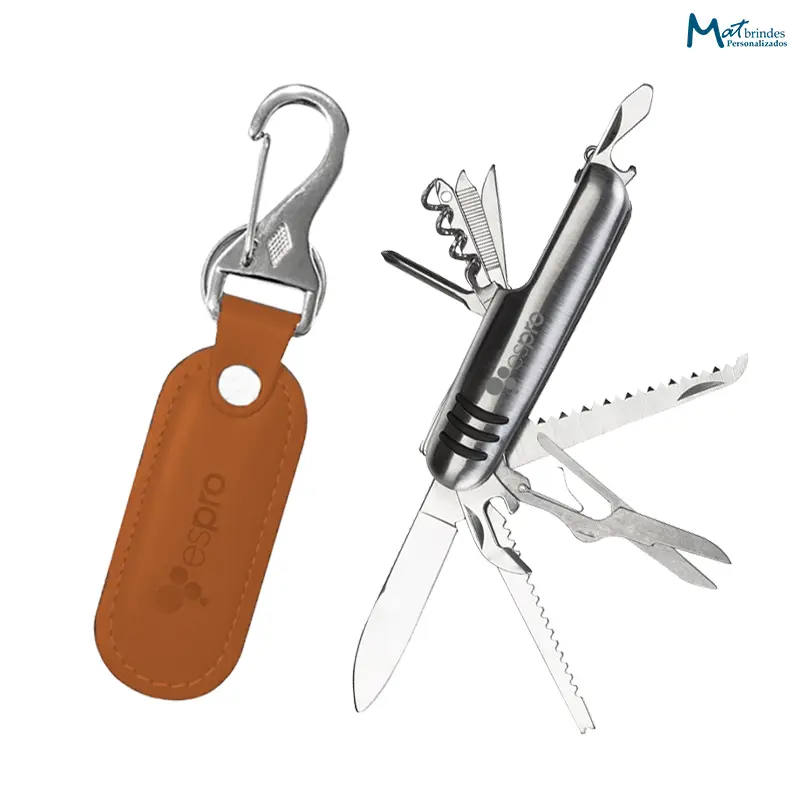 Kit Canivete Multifunções com Chaveiro de Couro Personalizado