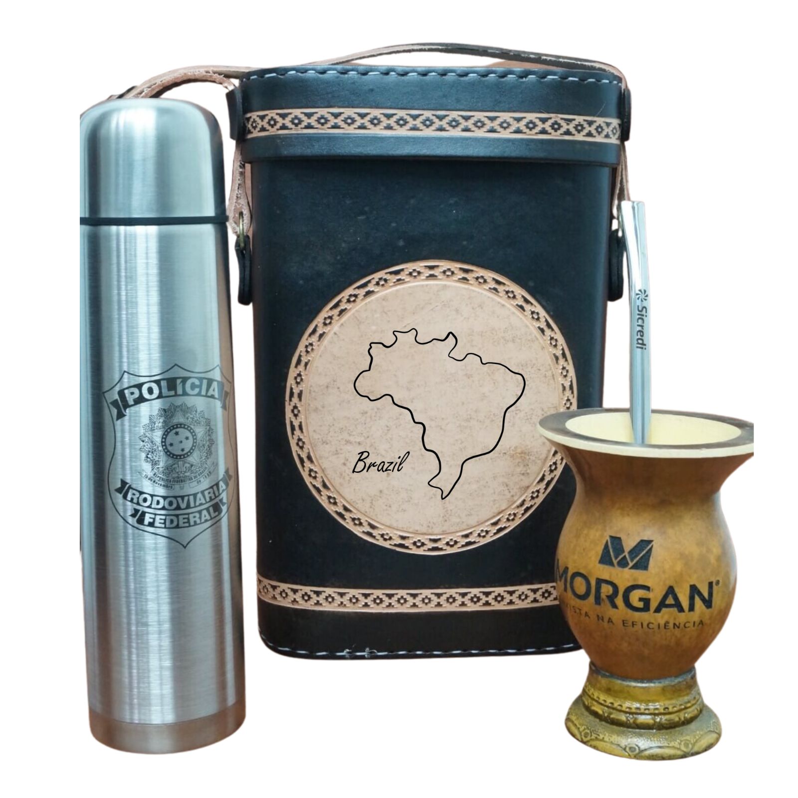 Kit Chimarrão - Mateira de Couro - Térmica Inox