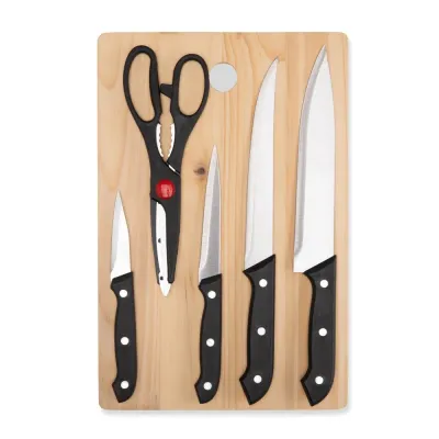 Kit churrasco com 6 peças reunindo tábua, tesoura multiuso e facas em inox, uma excelente opção de presente e brinde personalizado.