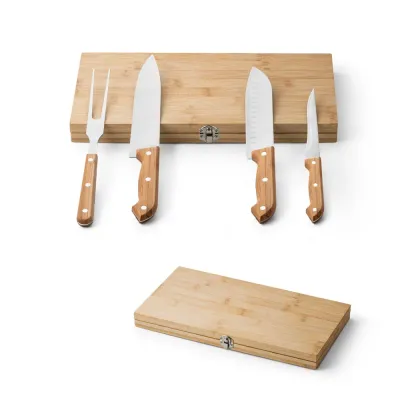Kit Churrasco em Caixa Bambu Com 4 Utensilios