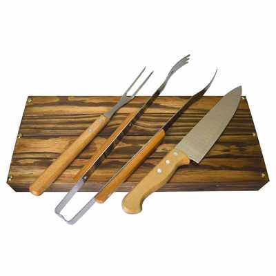 Kit Churrasco Tramontina Com Pegador em Estojo de Madeira Envelhecida
