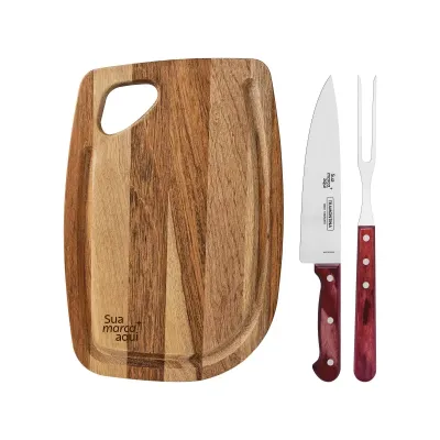 Kit Churrasco Tramontina Polywood Com Tabua de Madeira 3pcs