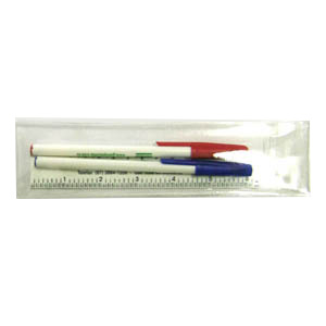Kit com 2 canetas, régua 15 cm e estojo em PVC.