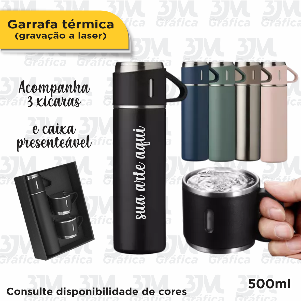 Kit com garrafa Térmica 500ml+xícaras Gravação Laser
