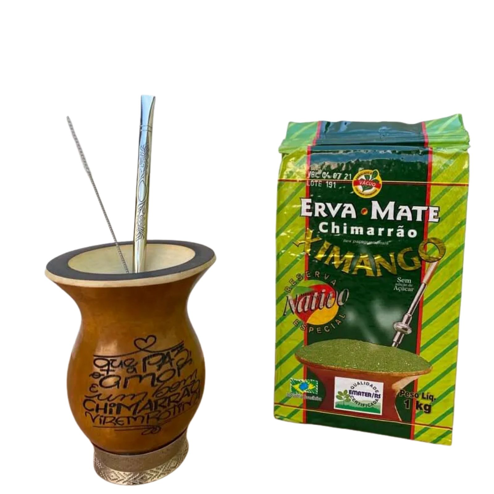 Kit Cuia de Chimarrão Bago de Touro Com Pé - Paz e Amor