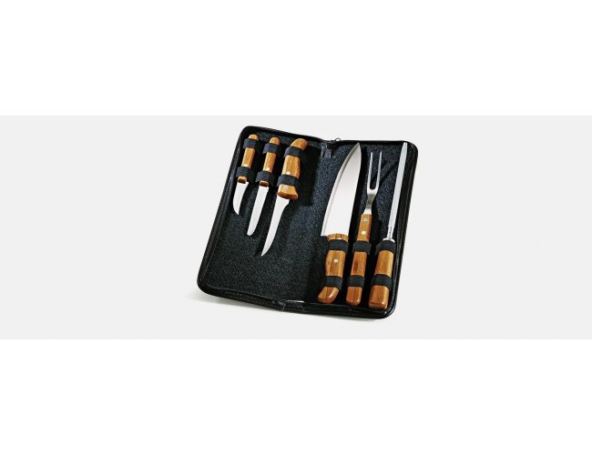 Kit De Facas, Garfo E Chaira Inox / Bambu Com Estojo