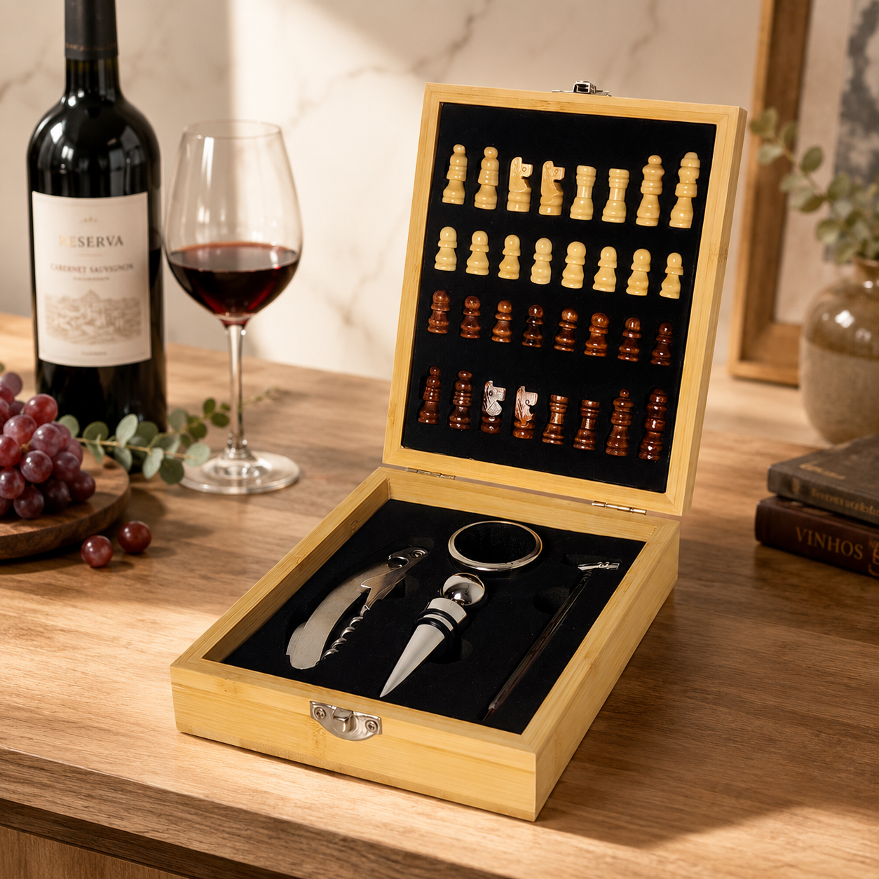 Kit de Vinho com 4 Acessórios + Jogo de Xadrez