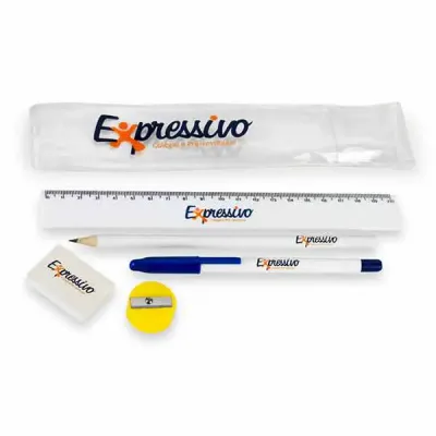 Kit Escolar Personalizado Gravacao 1 Cor em Todas as Pecas Menos no Apontador Apontador em Cores