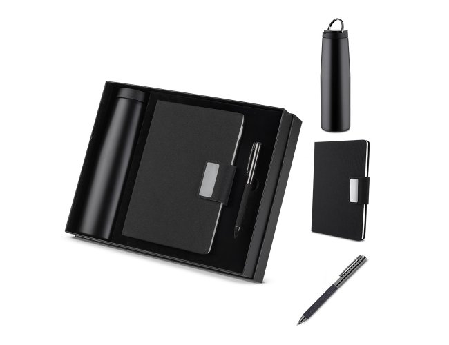 Kit escritório Caderno, Garrafa e Caneta Metalica