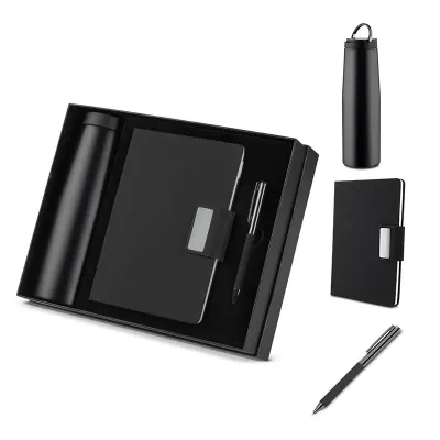 Kit escritório com Caderno, Garrafa e Caneta Metálica