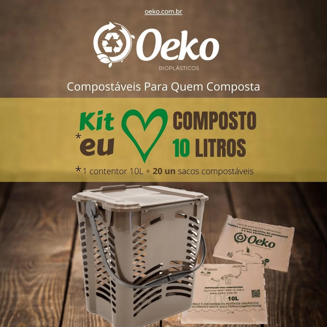 Kit Eu Amo Composto 10 Litros: 01 contentor para pia 10 Litros + 20 unidades de sacos de Bioplástico Compostável Oeko® 10 Litros.