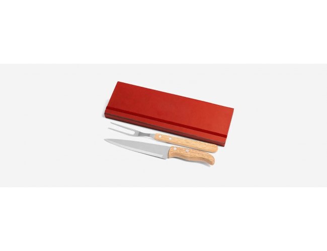 Kit Garfo E Faca Inox / Madeira Com Estojo Vermelho 3 Pçs