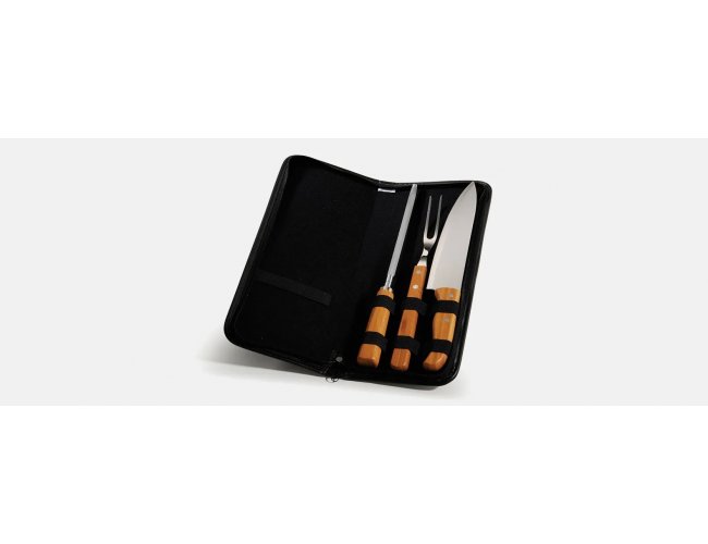 Kit Garfo, Faca E Chaira Inox / Bambu Com Estojo - 4 Pçs