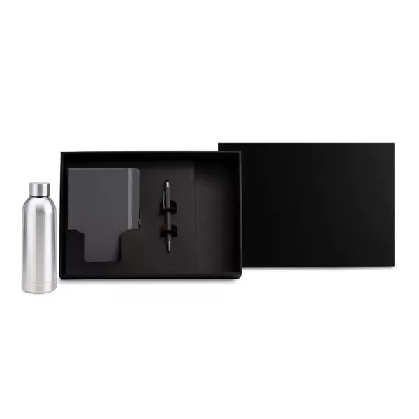 Kit Garrafa Caderno E Caneta - Cinza/Prata - 3 Pçs