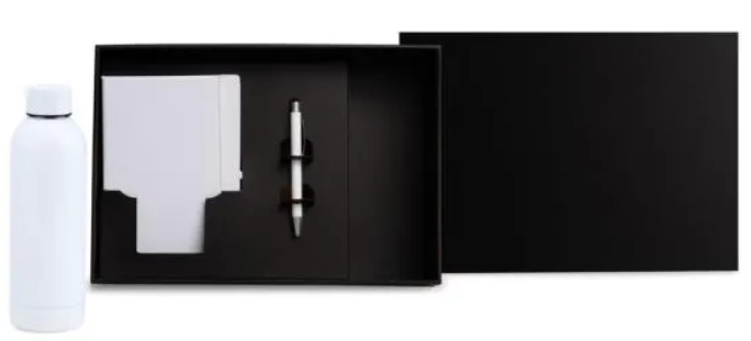 Kit Garrafa, Caderno e Caneta Personalizada - Branco