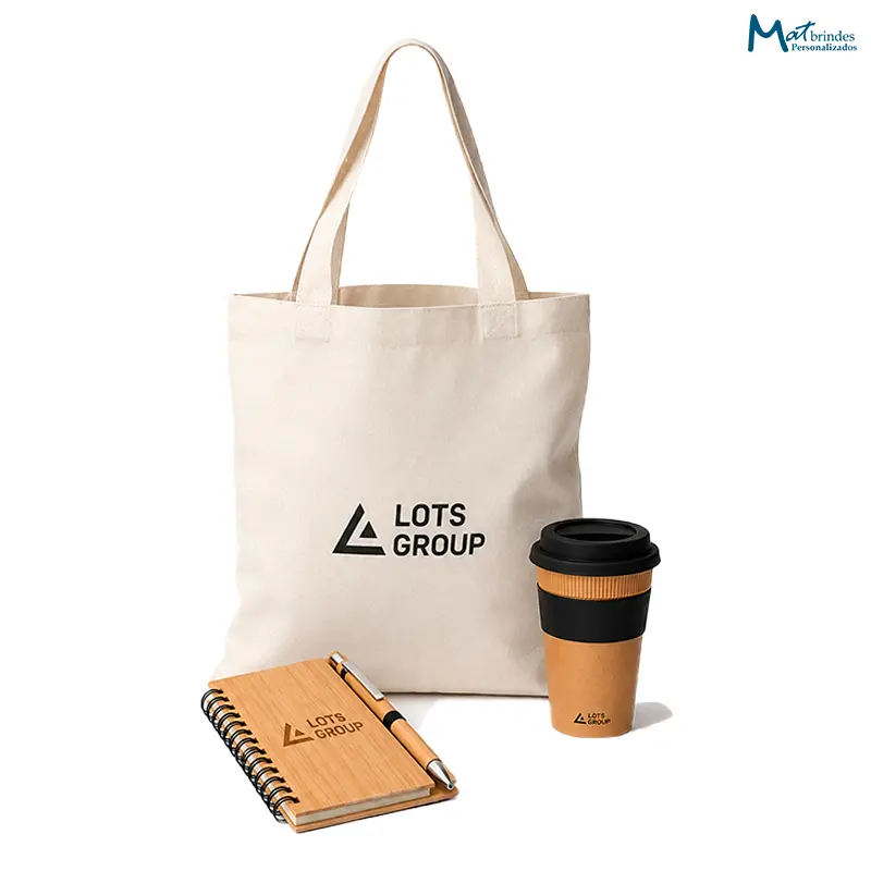 Kit Integração Personalizado com Ecobag, Caderneta e Copo