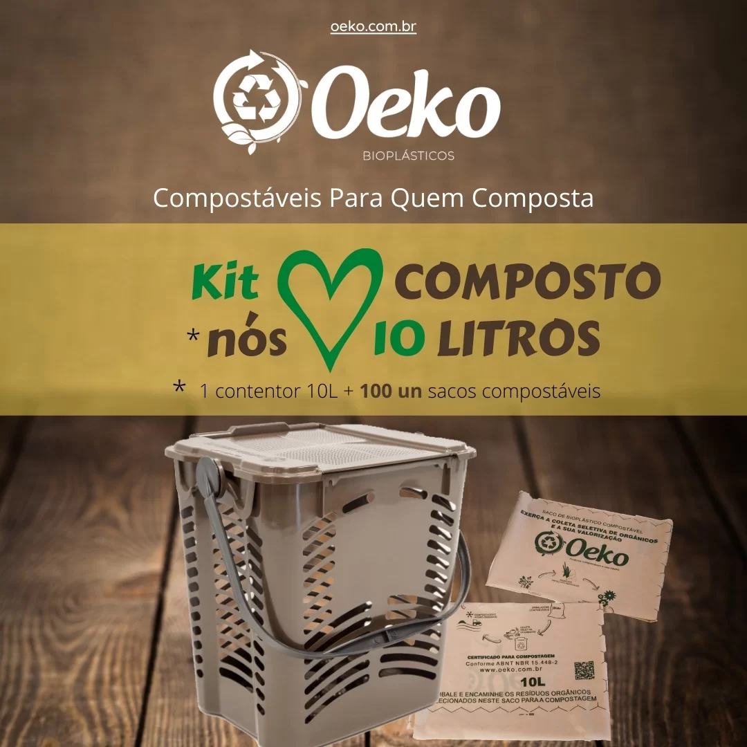 Kit Nós Amamos Composto 10 Litros: 01 contentor para pia 10 L + 100 unidades de sacos de Bioplástico Compostável Oeko® 10 Litros.