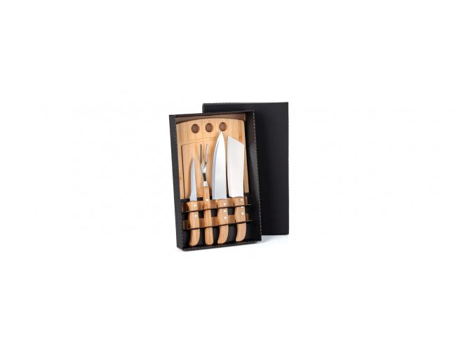 Kit Para Churrasco / Cozinha Em Bambu / Inox - 5 Pçs