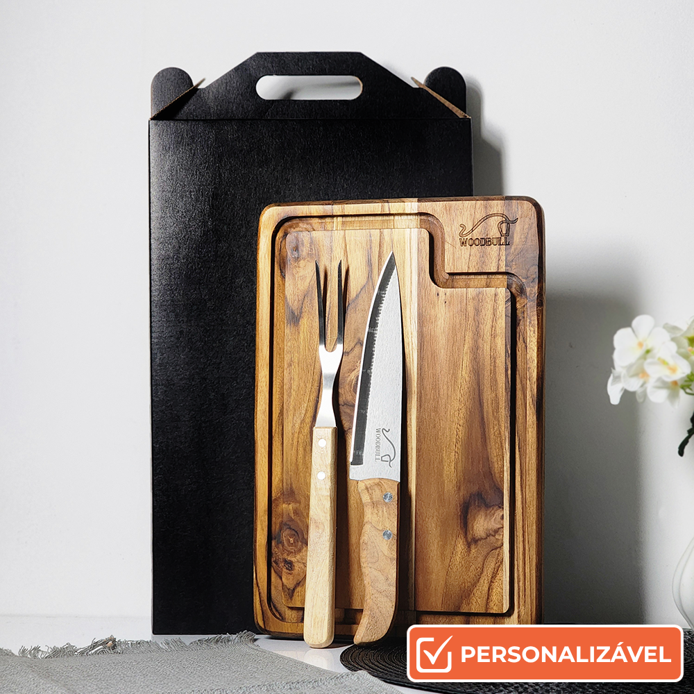 Kit para Churrasco em Madeira Teca com 3 Peças | Presente Gourmet