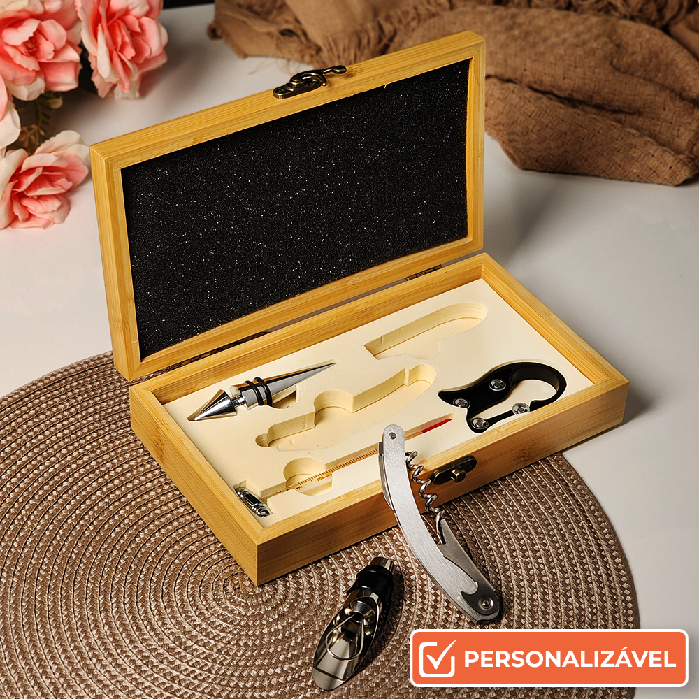 Kit para Vinho com 5 Peças em Caixa de Bambu | Presente Elegante