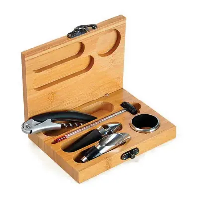 Kit Para Vinho Com Estojo em Bambu 6 Pecas
