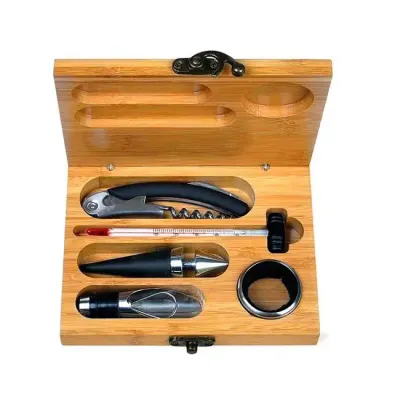 Kit Para Vinho Com Estojo em Bambu