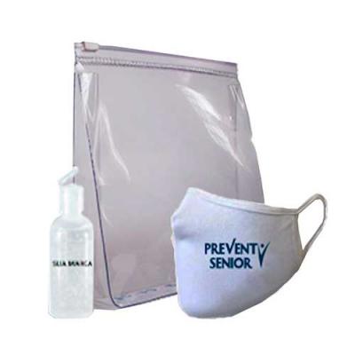 Kit personalizado COVID contendo Máscara reutilizável, necessaire de PVC e Álcool em gel 70%. Tod...