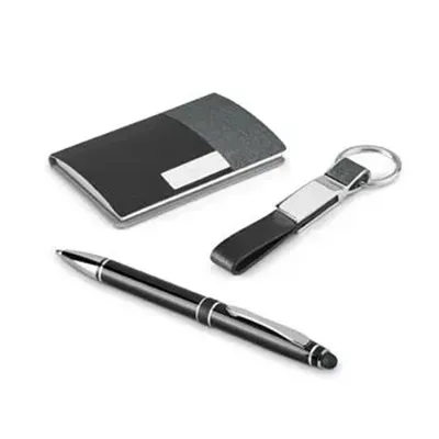 Kit Porta Cartões com chaveiro e Caneta em Sintético, metal e alumínio.