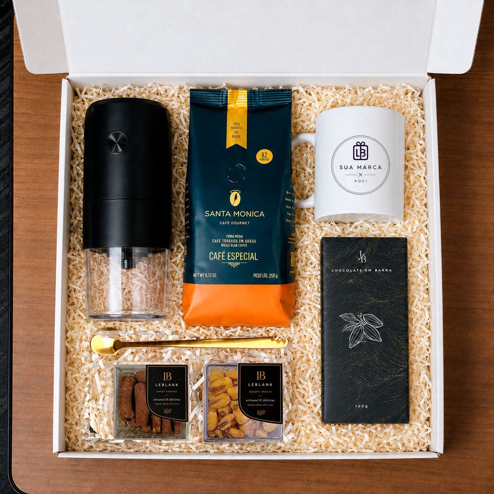 Kit Presente Corporativo Café Em Grãos Com Moedor Portátill