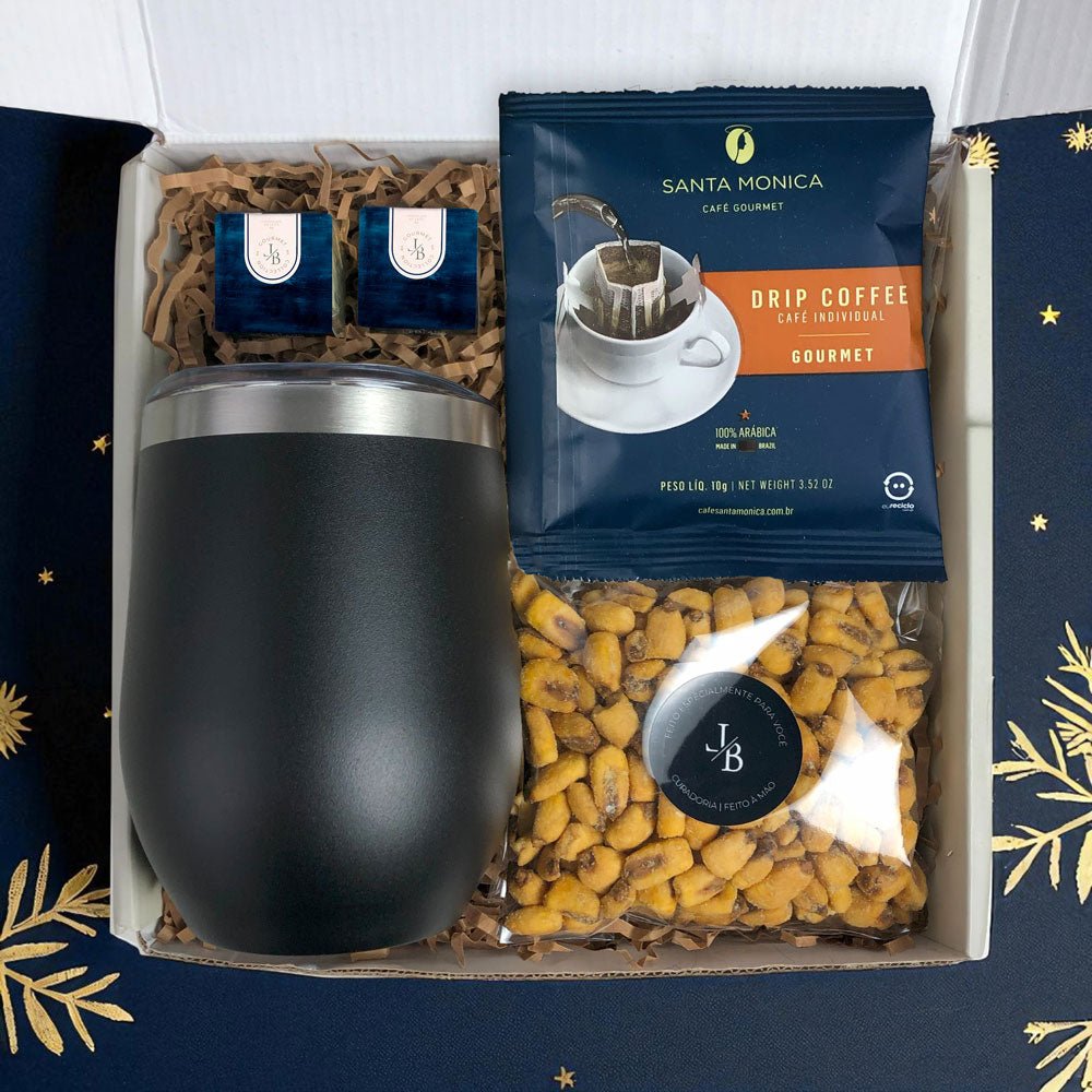 Kit Presente Corporativo Copo Termico com Drip Coffee e Snacks