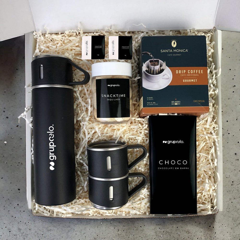 Kit Presente Corporativo Grupo Elo Garrafa Termica e Drip Coffee Santa Monica