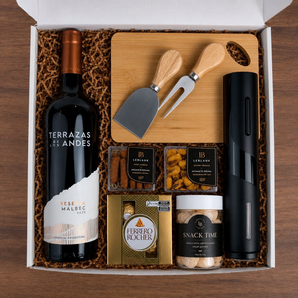 Kit Presente Corporativo Vinho com Snacks e Abridor Eletrico
