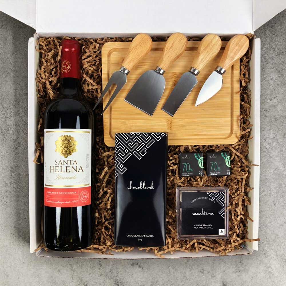 Kit Presente Corporativo Vinho Tinto Santa Helena e Chocolate Em Barra