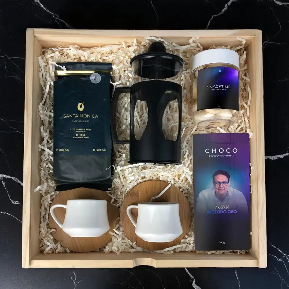 Kit Presente Corporativo Wood Cafe Gourmet com Prensa Francesa e Xícaras Bambu
