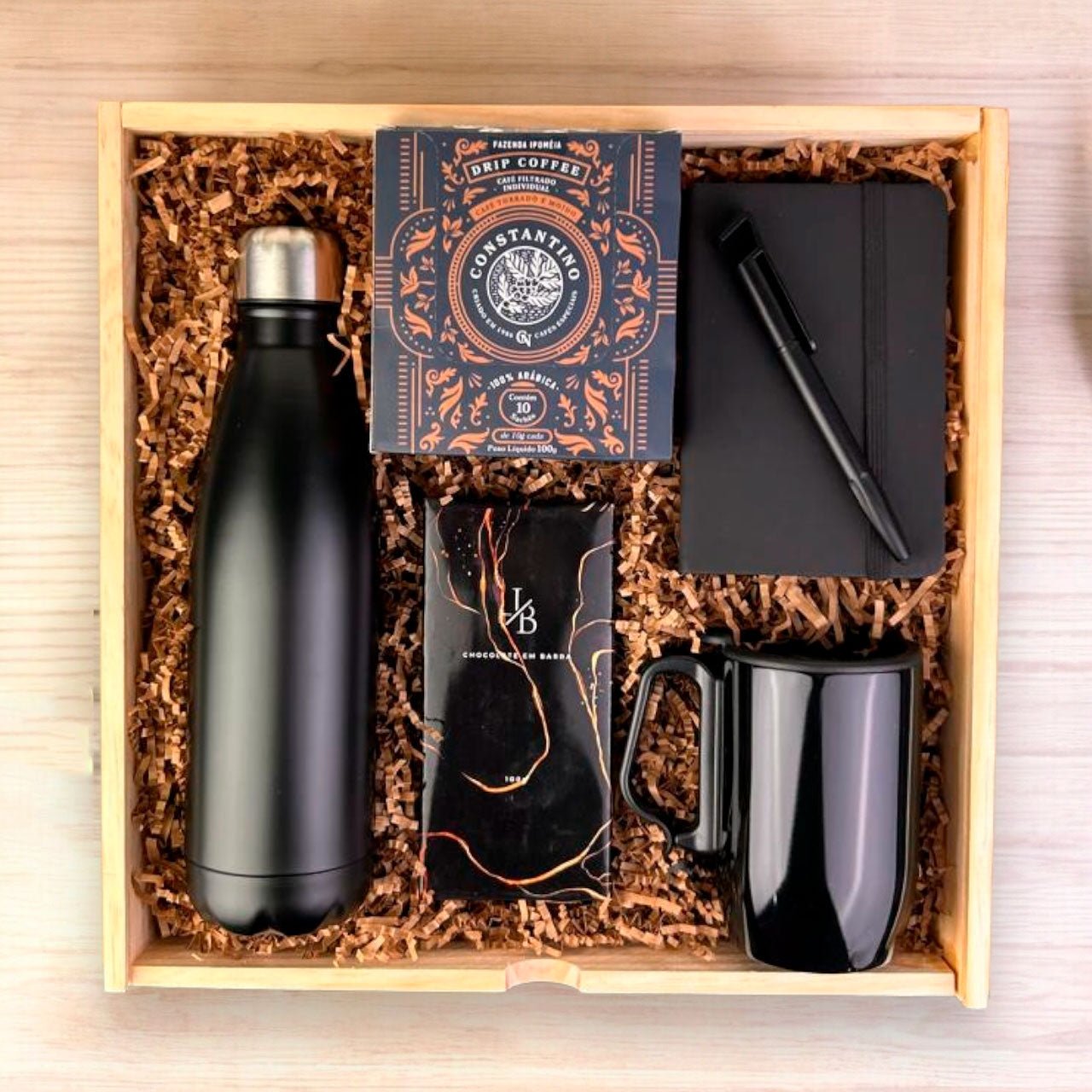 Kit Presente Corporativo Wood Moderno com Café, Chocolate e Itens Funcionais