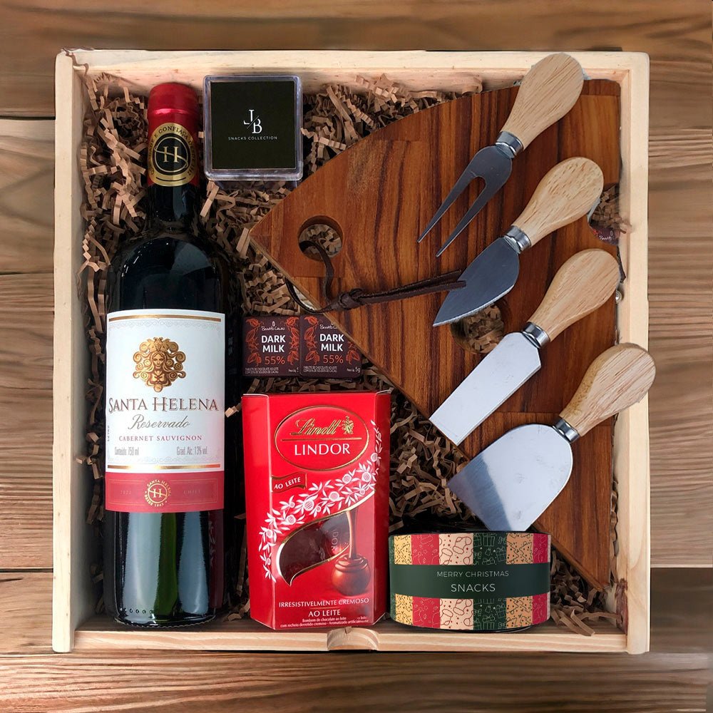 Kit Presente Corporativo Wood Vinho Santa Helena com Chocolate Lindt