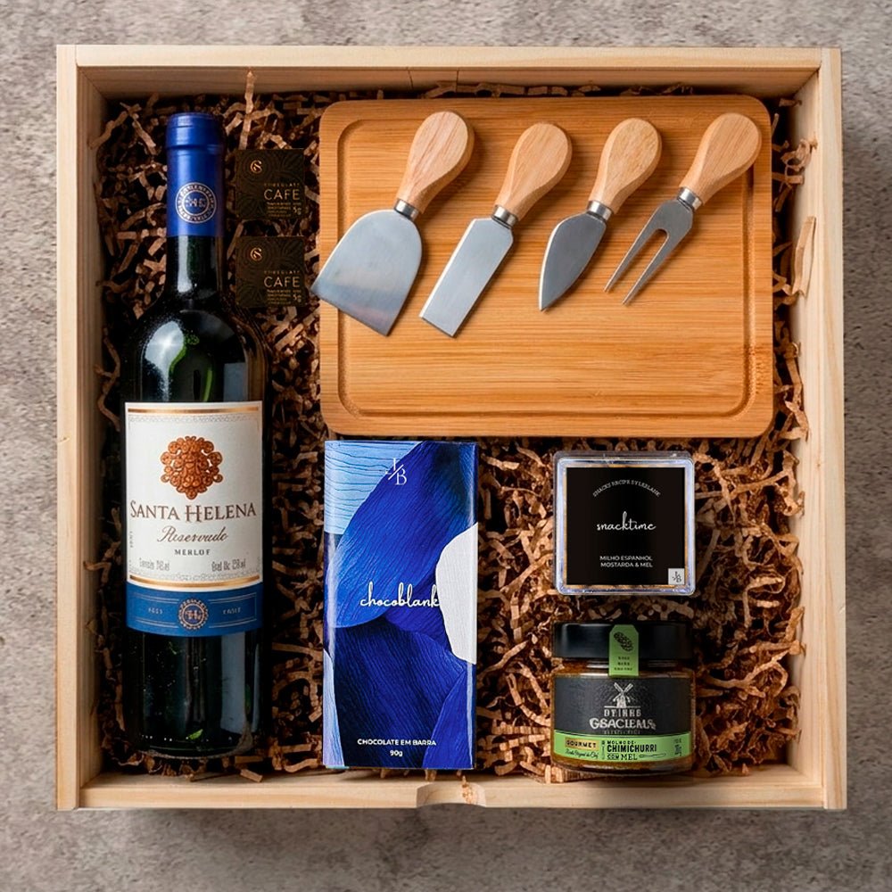 Kit Presente Corporativo Wood Vinho Tinto Merlot e Facas de Queijo