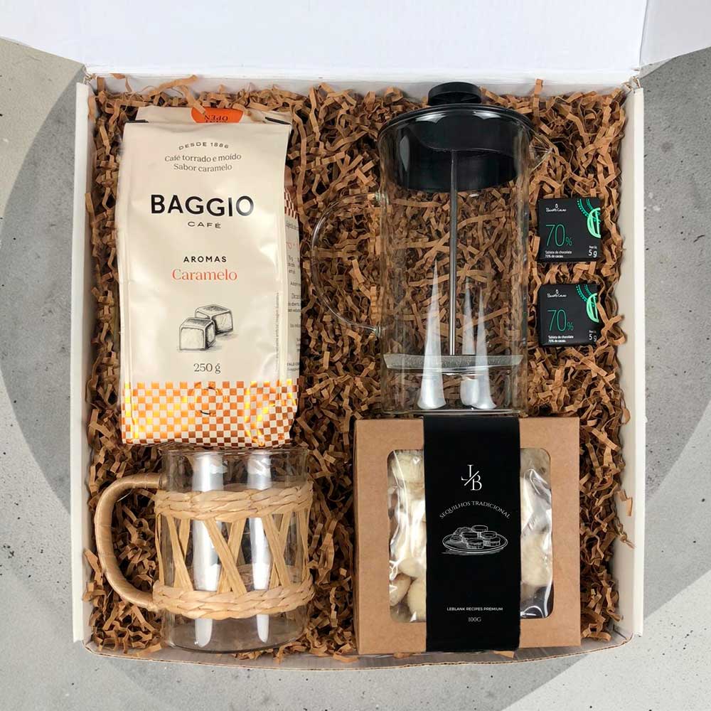 Kit Presente Prensa Francesa com Café Baggio e Caneca de Vidro Wolff