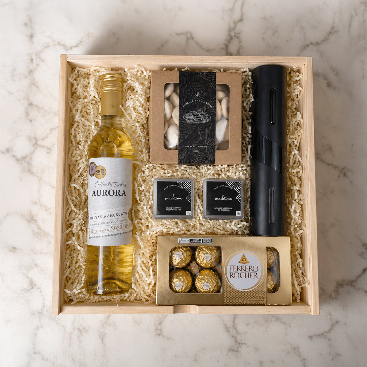 Kit Presente Wood Vinho Aurora e Abridor Elétrico