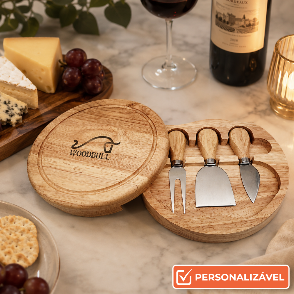 Kit Queijo 3 Peças | Suporte em Madeira e Aço Inox para Degustação