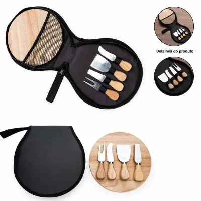 Kit Queijo 4 Pecas Com Tabua de Bambu em Estojo de Nylon