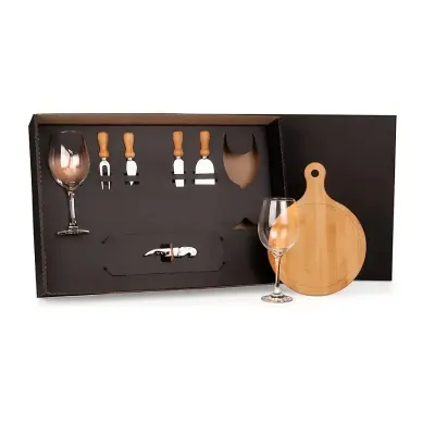 Kit Queijo e Vinho Com Tabua Redonda 8 Pecas