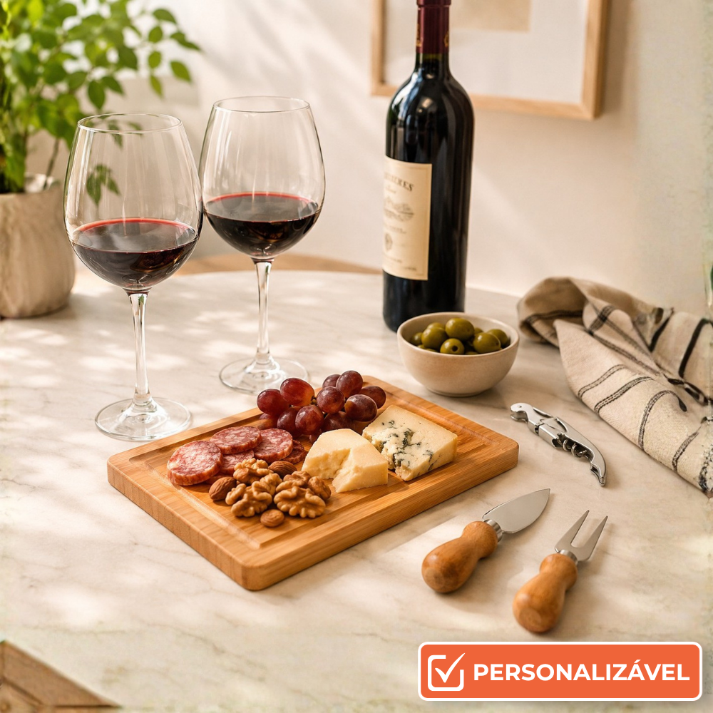 Kit Queijo e Vinho Presente | 6 Peças em Bambu e Inox