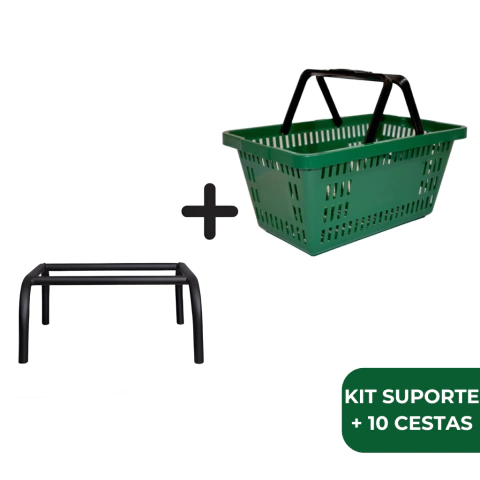 Kit Suporte de Cestas Preto sem Encosto + 10 Un Cesta de Compras 16L