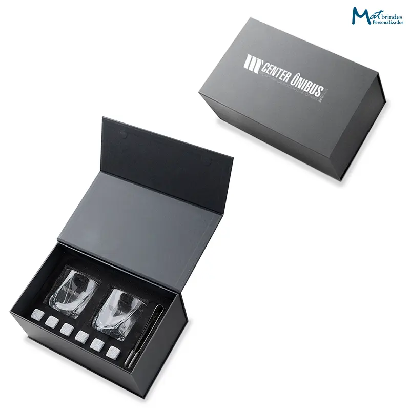 Kit Whisky com 2 Copos e Gelos de Granito